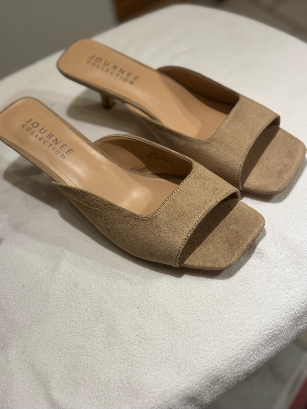 Journee Collection Larna open-toe kitten heel mules, featuring a soft faux-suede